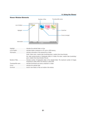 Page 7161
5. Using the Viewer
0000.jpg0001.jpg0002.jpg 3 Files
Slot 1
RECYCLED
PICTURE
1/3  0000.jpg 60KB 08/21/2005  06/29  263KBselect :  ENTER
?
Highlight .................................. Indicates the selected folder or drive.
List of folders .......................... Indicates folders contained on a PC card or USB memory.
Information .............................. Indicates information of the selected file or folder.
Folder: folder name, creation date (month/day/year), creation time (hour/minute).
File:...