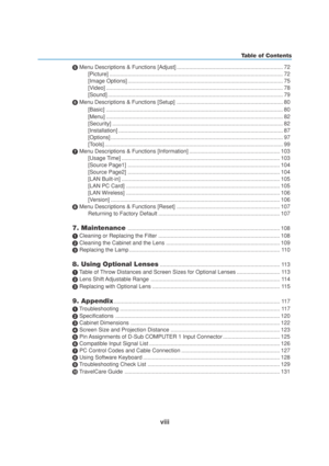 Page 10viii
 Menu Descriptions & Functions [Adjust] ..................................................................... 72
[Picture] ................................................................................................................. 72
[Image Options] ..................................................................................................... 75
[Video] ................................................................................................................... 78
[Sound]...