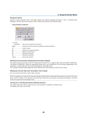 Page 10696
6. Using On-Screen Menu
[Projector Name]
Specify a unique projector name. Press  to display the software keyboard and type in. Up to 16 alphanumeric
characters can be used. After entering a name, select [OK] and press the ENTER button.
Using Software Keyboard
1 to 0 and
Characters ....... Use to type in password or keyword.
MODE .................... Selects one of three modes for alphabet and special characters.
SP ......................... Inserts a space
BS ......................... Deletes one...