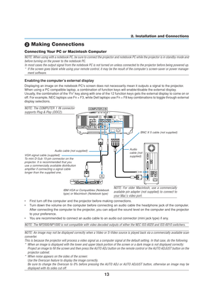 Page 2313
2. Installation and Connections
 Making Connections
Connecting Your PC or Macintosh Computer
NOTE: When using with a notebook PC, be sure to connect the projector and notebook PC while the projector is in standby mode and
before turning on the power to the notebook PC.
In most cases the output signal from the notebook PC is not turned on unless connected to the projector before being powered up.
*If the screen goes blank while using your remote control, it may be the result of the computers...