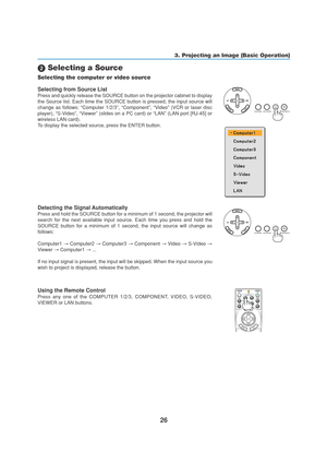 Page 3626
3. Projecting an Image (Basic Operation)
 Selecting a Source
Selecting the computer or video source
Detecting the Signal Automatically
Press and hold the SOURCE button for a minimum of 1 second, the projector will
search for the next available input source. Each time you press and hold the
SOURCE button for a minimum of 1 second, the input source will change as
follows:
Computer1 → Computer2 → Computer3 → Component → Video → S-Video →
Viewer → Computer1 → ...
If no input signal is present, the input...