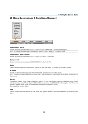 Page 7969
6. Using On-Screen Menu
 Menu Descriptions & Functions [Source]
Computer 1 and 2
Selects the computer connected to your COMPUTER 1 or COMPUTER 2 input connector signal.
NOTE: An optional component cable (Component V or ADP-CV1 cable) is needed for a component signal.
Computer 3 (RGB Digital)
Selects the computer connected to your COMPUTER 3 (DVI-D) connector.
Component
Selects what is connected to your COMPONENT IN (Y, Cb/Pb, Cr/Pr).
Video
Selects what is connected to your VIDEO input-VCR, laser disc...