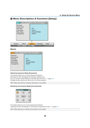 Page 9080
6. Using On-Screen Menu
 Menu Descriptions & Functions [Setup]
[Basic]
Selecting Keystone Mode [Keystone]
This feature allows you to correct keystone distortion.
Selecting this item will display the Keystone setting menu.
You can correct vertical distortion manually from the menu. (→ page 31)
Changes will be saved even when you turn off the projector.
NOTE: When [Cornerstone] is selected, [Keystone] is not available.
Selecting Cornerstone Mode [Cornerstone]
This option allows you to correct...
