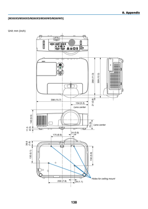 Page 148138
8. Appendix
[M350XS/M300XS/M260XS/M300WS/M260WS]
398 (15.7)
140 (5.5)
75 (3)
11.5 
(0.5)
175 (6.9) 24 (0.9)
39.8 
(1.6)
130 (5.1)
150 (5.9)
29 (1.1)
200 (7.9) 134 (5.3)
288 (11.3)
21 (0.8)309 (12.2)
Lens center
Lens center
Holes for ceiling mount
Unit: 	mm	(inch) 