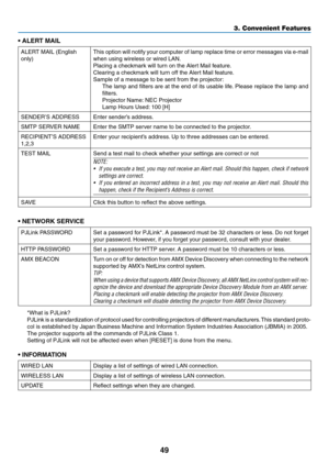 Page 5949
3. Convenient Features
•	ALERT	MAIL
ALERT	MAIL	(English	
only)
This	option	 will	notify	 your	computer	 of	lamp	 replace	 time	or	error	 messages	 via	e-mail	
when	using	wireless	or	wired	LAN. 	
Placing	a	checkmark	will	turn	on	the	Alert	Mail	feature.
Clearing	a	checkmark	will	turn	off	the	Alert	Mail	feature.
Sample	of	a	message	to	be	sent	from	the	projector:
The	lamp	 and	filters	 are	at	the	 end	 of	its	 usable	 life.	Please	 replace	 the	lamp	 and	
filters.
Projector	Name: 	NEC	Projector
Lamp	Hours...