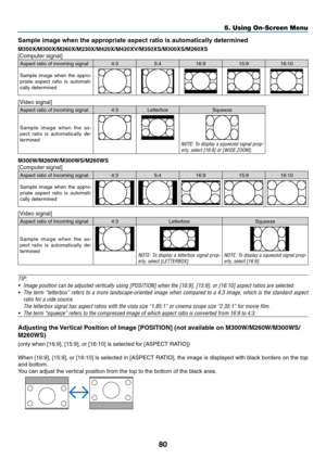 Page 9080
5. Using On-Screen Menu
Sample	image	when	the	appropriate	aspect	ratio	is	automatically	determined
M350X/M300X/M260X/M230X/M420X/M420XV/M350XS/M300XS/M260XS
[Computer	signal]
Aspect	ratio	of	incoming	signal4:35:416:9 15:916:10
Sample	image	when	the	appro-priate	 aspect	 ratio	is	automati-
cally determined
[Video	signal]
Aspect	ratio	of	incoming	signal4:3 Letterbox Squeeze
Sample	image	when	the	as-pect	 ratio	 is	automatically	 de-
termined
NOTE:	 To	display	 a	squeezed	 signal	prop-erly,	select	[16:9]...