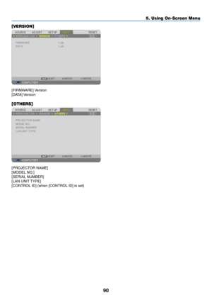 Page 10090
5. Using On-Screen Menu
[VERSION]
[FIRMWARE]	Version
[DATA]	Version
[OTHERS]
[PROJECTOR	NAME]
[MODEL	NO.]
[SERIAL	NUMBER]
[LAN	UNIT	 TYPE]
[CONTROL	ID]	(when	[CONTROL	ID]	is	set) 