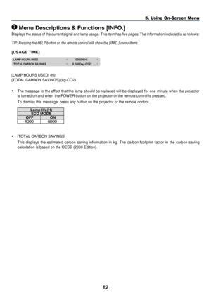 Page 7162
5. Using On-Screen Menu
 Menu Descriptions & Functions [INFO.]
Displays	the	status 	of 	the 	current 	signal 	and 	lamp 	usage. 	This 	item 	has 	five 	pages. 	The 	information 	included 	is 	as 	follows:
TIP:	Pressing	the	HELP	button	on	the	remote	control	will	show	the	[INFO.]	menu	items.
[USAGE TIME]
[LAMP	HOURS	USED]	(H)
[TOTAL	CARBON	SAVINGS]	(kg-CO2)
•	 The	message	to	the 	effect 	that 	the 	lamp 	should 	be 	replaced 	will 	be 	displayed 	for 	one 	minute 	when 	the 	projector 	
is	turned	on	and...