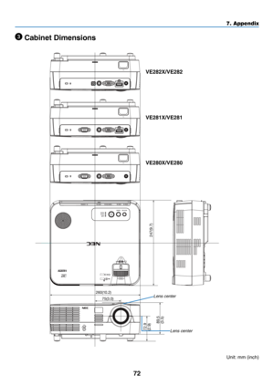 Page 8172
7. Appendix
260(10.2)75(3.0)
247(9.7)
89.5
(3.5)
72.9
(2.9)
 Cabinet Dimensions
Lens center
Lens center
Unit:	mm	(inch)
VE282X/VE282
VE281X/VE281
VE280X/VE280 