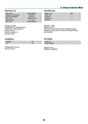 Page 7263
5. Using On-Screen Menu
[SOURCE (1)]
[RESOLUTION][HORIZONTAL	FREQUENCY][VERTICAL	FREQUENCY][SYNC	TYPE][SYNC	POLARITY][SCAN	TYPE]
[VERSION]
[FIRMWARE]	Version[DATA]	Version
[SOURCE (2)]
[SIGNAL	TYPE][VIDEO	TYPE][BIT	DEPTH]	(VE281X/VE281/VE282X/VE282)[VIDEO	LEVEL]	(VE281X/VE281/VE282X/VE282)[3D	SIGNAL]
[OTHERS]
[MODEL	NO.][SERIAL	NUMBER] 