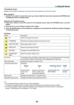 Page 10288
4. Using the Viewer
•	Thumbnail	screen
Displays	a	list	of	folders,	thumbnails,	and	icons	in	the	drive	selected	on	the	drive	list	screen.
Menu operation
•	 Use	 the	▼ or ▲	button	 to	move	 the	cursor	 up	or	down. 	Select	 the	menu	 item	and	press	 the	ENTER	 button	
to display the menu or setting screen.
Operation for Thumbnail screen
1. Press  the ▶	button 	to	 move	 the	cursor 	to	 the	 thumbnail	 screen	when	the	OPTIONS	 menu	is	not 	dis-
played.
2.  Press the ▼,  ▲, ◀, or ▶	button	to	select	a	file...