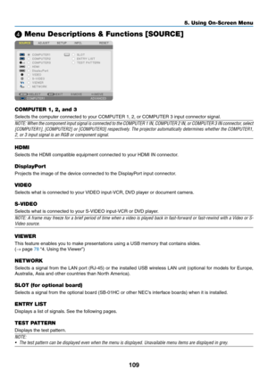 Page 123109
5. Using On-Screen Menu
❹ Menu Descriptions & Functions [SOURCE]
COMPUTER 1, 2, and 3
Selects	the	computer	connected	to	your	COMPUTER	1,	2,	or	COMPUTER	3	input	connector	signal.
NOTE:	When	the	component	 input	signal	 is	connected	 to	the	 COMPUTER	 1	IN,	 COMPUTER	 2	IN,	 or	COMPUTER	 3	IN	 connector,	 select	
[COMPUTER1],	 [COMPUTER2]	or	[COMPUTER3]	 respectively.	The	projector	 automatically	 determines	whether	the	COMPUTER1,	
2,	or	3	input	signal	is	an	RGB	or	component	signal.
HDMI
Selects	the...