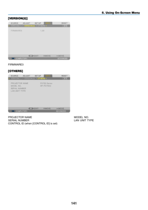 Page 155141
5. Using On-Screen Menu
[VERSION(2)]
FIRMWARE3
[OTHERS]
PROJECTOR	NAME	MODEL	NO.	
SERIAL	NUMBER	 LAN	UNIT	 TYPE	
CONTROL	ID	(when	[CONTROL	ID]	is	set) 