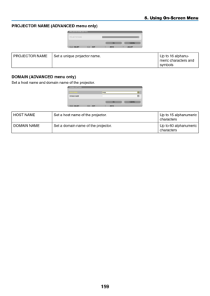 Page 173159
5. Using On-Screen Menu
PROJECTOR	NAME	(ADVANCED	menu	only)
PROJECTOR	NAMESet	a	unique	projector	name.	Up	to	16	alphanu-
meric	characters	and	
symbols
DOMAIN	(ADVANCED	menu	only)
Set	a	host	name	and	domain	name	of	the	projector.
HOST	NAMESet	a	host	name	of	the	projector.Up	to	15	alphanumeric	
characters
DOMAIN	NAMESet	a	domain	name	of	the	projector.Up	to	60	alphanumeric	
characters 