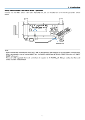 Page 2511
1. Introduction
Using the Remote Control in Wired Operation
Connect	one	end	of	the	 remote	 cable	to	the	 REMOTE	 mini	jack	and	the	other	 end	to	the	 remote	 jack	on	the	 remote	
control.
REMOTE
Remote	Jack
NOTE: 
•	 When	a	remote	cable	is	inserted	into	the	REMOTE	jack,	the	remote	control	does	not	work	for	infrared	wireless	communication.
•	 When	 a	remote	 cable	is	inserted	 into	the	REMOTE	 jack,	the	[POWER-SAVING]	 and	[NETWORK	 STANDBY]	functions	in	[STANDBY	
MODE]	will	not	work.
•	 Power	 will...