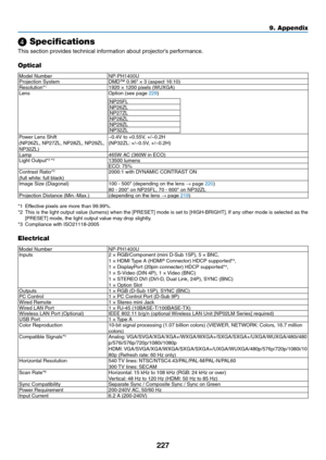 Page 241227
9. Appendix
❹ Specifications
This	section	provides	technical	information	about	projector’s	performance.
Optical
Model	NumberNP-PH1400UProjection	SystemDMD™	0.96"	×	3	(aspect	16:10)Resolution*11920	×	1200	pixels	(WUXGA)LensOption	(see	page	229)
NP25FL
NP26ZL
NP27ZL
NP28ZL
NP29ZL
NP32ZL
Power	Lens	Shift(NP26ZL,	NP27ZL,	NP28ZL,	NP29ZL,	NP32ZL)
−0.4V	to	+0.55V,	+/−0.2H(NP32ZL:	+/−0.5V,	+/−0.2H)
Lamp465W	AC	(360W	in	ECO)Light	Output*2	*313500	lumensECO:	75%Contrast	Ratio*3
(full	white: 	full...