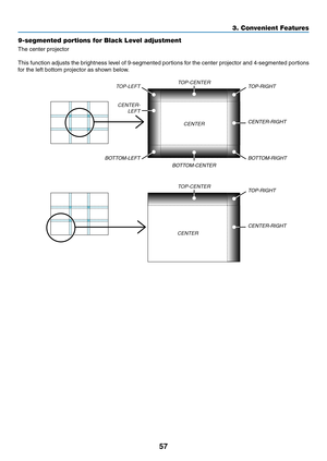 Page 7157
3. Convenient Features
9-segmented portions for Black Level adjustment
The	center	projector
This	function	 adjusts	the	brightness	 level	of	9-segmented	 portions	for	the	 center	 projector	 and	4-segmented	 portions	
for	the	left	bottom	projector	as	shown	below.
TOP-LEFT
BOTTOM-LEFT CENTER-
LEFT TOP-RIGHT
CENTER-RIGHT
BOTTOM-RIGHT
TOP-CENTER
CENTER
CENTER
BOTTOM-CENTER
TOP-RIGHT
CENTER-RIGHT
TOP-CENTER 