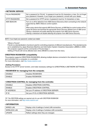 Page 7864
3. Convenient Features
•	NETWORK	SERVICE
PJLink	PASSWORDSet	a	password	 for	PJLink*. 	A	 password	 must	be	32	characters	 or	less. 	Do	 not	 forget	
your	password. 	However,	if	you	forget	your	password,	consult	with	your	dealer.
HTTP	PASSWORDSet	a	password	for	HTTP	server. 	A	password	must	be	10	characters	or	less.
AMX	BEACONTurn	on 	or 	off 	for 	detection 	from 	AMX 	Device 	Discovery 	when 	connecting 	to 	the 	network	
supported	by	AMX’s	NetLinx	control	system.
TIP: 
When	 using	a	device	 that...