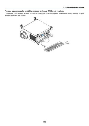 Page 8470
3. Convenient Features
Prepare	a	commercially	available	wireless	keyboard	(US	layout	version).
Connect	the	USB	 wireless	 receiver	to	the	 USB	 port	(Type	 A)	of	the	 projector. 	Make	 all	necessary	 settings	for	your	
wireless	keyboard	and	mouse. 