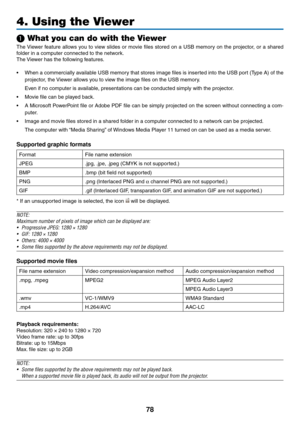 Page 9278
4. Using the Viewer
❶ What you can do with the Viewer
The	Viewer	 feature	 allows	you	to	view	 slides	 or	movie	 files	stored	 on	a	USB	 memory	 on	the	 projector,	 or	a	shared	
folder	in	a	computer	connected	to	the	network.
The	 Viewer	has	the	following	features.
•	 When	 a	commercially	 available	USB	memory	 that	stores	 image	files	is	inserted	 into	the	USB	 port	(Type	 A)	of	the	
projector,	the	 Viewer	allows	you	to	view	the	image	files	on	the	USB	memory.
	 Even	if	no	computer	is	available,...