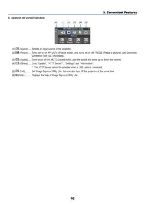 Page 5746
3. Convenient Features
5.	 Operate	the	control	window.
(1)  (Source) �����Selects an input source of the projector � 
(2)  (Picture) ����Turns  on  or  off  AV-MUTE  (Picture  mute),  and  turns  on  or  off  FREEZE  (Freeze  a  picture),  and  Geometric 
Correction Tool (GCT) functions�
(3)  (Sound) �����Turns on or off AV-MUTE (Sound mute), play the sound and turns up or down the volume�
(4)  (Others) �����Uses “Update”, “HTTP Server”*, “Settings” and “Information”�
*  The HTTP Server cannot be...