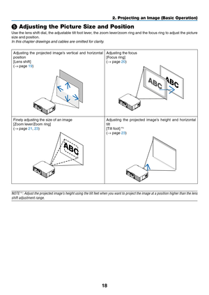 Page 3118
2. Projecting an Image (Basic Operation)
❺ Adjusting the Picture Size and Position
Use	the	lens	 shift	dial,	the	adjustable	 tilt	foot	 lever,	 the	zoom	 lever/zoom	 ring	and	the	focus	 ring	to	adjust	 the	picture	
size	and	position.
In	this	chapter	drawings	and	cables	are	omitted	for	clarity.
Adjusting	 the	projected	 image’s	vertical	and	horizontal	
position
[Lens	shift]
(→	page	19)
Adjusting	the	focus
[Focus	ring]
(→	page	20)
Finely	adjusting	the	size	of	an	image
[Zoom	lever/Zoom	ring]
(→	page	21,...