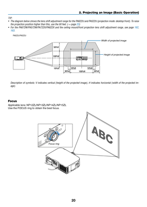 Page 3320
2. Projecting an Image (Basic Operation)
TIP: 
•	 The	diagram	 below	shows	 the	lens	 shift	 adjustment	 range	for	the	 PA622U	 and	PA522U	 (projection	 mode:	desktop	 front).	To	raise	
the projection position higher than this, use the tilt feet. (→ page 23)
•	 For	 the	PA672W/PA572W/PA722X/PA622X	 and	the	ceiling	 mount/front	 projection	lens	shift	 adjustment	 range,	see	page	162, 
163.
100%V 50%V
10%V 100%H
30%H
30%H
10%H10%H
Height	of	projected	image
Width	of	projected	image
PA622U/PA522U...