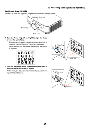 Page 3421
2. Projecting an Image (Basic Operation)
Applicable lens: NP30ZL
The	NP30ZL	lens	unit	aligns	the	peripheral	focus	around	the	optical	axis.
Peripheral	focus	ring
Focus	Ring Zoom	Lever
1. Turn  the  focus  ring  left  and  right  to  align  the  focus 
around the optical axis.
*	 The	 diagram	 shows	an	example	 when	the	lens	 shift	is	
moved	to	the	top. 	The	top	of	the	screen	is	adjusted.
	 When	 the	lens	 is	in	 the	 center,	 the	center	 of	the	 screen	
is	adjusted.
Focus	Ring
Optical	axis
2. Turn  the...