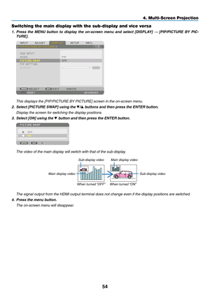 Page 6754
4. Multi-Screen Projection
Switching the main display with the sub-display and vice versa
1.	 Press	the	MENU	 button	 to	display	 the	on-screen	 menu	and	select	 [DISPLAY]	→	[PIP/PICTURE	 BY	PIC-
TURE].
	 This	displays	the	[PIP/PICTURE	BY	PICTURE]	screen	in	the	on-screen	menu.
2.	 Select	[PICTURE	SWAP]	using	the	▼/▲ buttons and then press the ENTER button.
	 Display	the	screen	for	switching	the	display	positions.
3.	 Select	[ON]	using	the	▼ button and then press the ENTER button.
	 The	video	of	the...