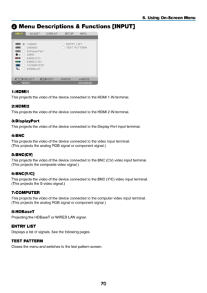 Page 8370
5. Using On-Screen Menu
❹ Menu Descriptions & Functions [INPUT]
1:HDMI1
This	projects	the	video	of	the	device	connected	to	the	HDMI	1	IN	terminal.
2:HDMI2
This	projects	the	video	of	the	device	connected	to	the	HDMI	2	IN	terminal.
3:DisplayPort
This	projects	the	video	of	the	device	connected	to	the	Display	Port	input	terminal.
4:BNC
This	projects	the	video	of	the	device	connected	to	the	video	input	terminal.
(This	projects	the	analog	RGB	signal	or	component	signal.)
5:BNC(CV)
This	projects	the	video	of...