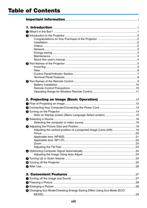 Page 10viii
Table of Contents
Important Information ........................................................................\
....................i
1. Introduction  ........................................................................\
...................................1
❶
	 What’s	in	the	Box? ........................................................................\
..................................1
❷
	Introduction	to	the	Projector  ........................................................................\...