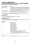 Page 160147
8. User Supportware
❶ Operating Environment for Software Included on CD-ROM
Names and Features of Bundled Software Programs
Name	of	software	programFeatures
Virtual	Remote	Tool
(Windows	only)
When	the	computer	 and	projector	 are	connected	 using	a	network	 (wired	LAN),	
such	operations	 as	turning	 the	projector’s	 power	on	and	 off	and	 switching	 the	
signal	can	be	performed. 	It	 is	 also	 possible	 to	send	 an	image	 to	the	 projector	
and	 register	 it	as	 the	 background	 logo.	Once	 the	image...