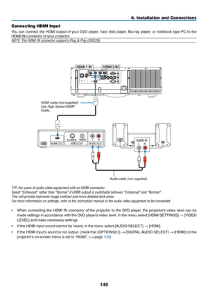 Page 161149
6. Installation and Connections
HDMI 1 INHDMI 2 IN
Connecting HDMI Input
You	can	connect	 the	HDMI	 output	 of	your	 DVD	 player,	 hard	disk	player,	 Blu-ray	 player,	or	notebook	 type	PC	to	the	
HDMI	IN	connector	of	your	projector.
NOTE:	The	HDMI	IN	connector	supports	Plug	&	Play	(DDC2B).
Audio cable (not supplied)
HDMI cable (not supplied)Use High Speed HDMI® Cable.
TIP:	For	users	of	audio	video	equipment	with	an	HDMI	connector:
Select	“Enhanced”	rather	than	“Normal”	if	HDMI	output	is	switchable...