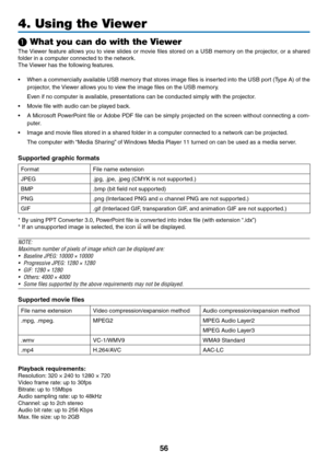 Page 6856
4. Using the Viewer
❶ What you can do with the Viewer
The	Viewer	 feature	 allows	you	to	view	 slides	 or	movie	 files	stored	 on	a	USB	 memory	 on	the	 projector,	 or	a	shared	
folder	in	a	computer	connected	to	the	network.
The	 Viewer	has	the	following	features.
•	 When	 a	commercially	 available	USB	memory	 that	stores	 image	files	is	inserted	 into	the	USB	 port	(Type	 A)	of	the	
projector,	the	 Viewer	allows	you	to	view	the	image	files	on	the	USB	memory.
	 Even	if	no	computer	is	available,...