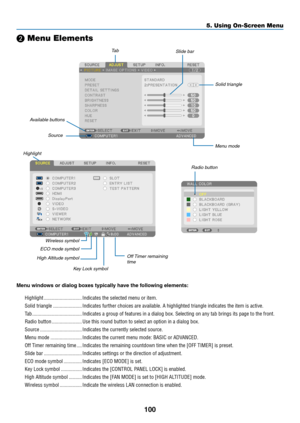 Page 114100
❷ Menu Elements
Slide barSolid triangle
Menu modeTa b
Radio button
High Altitude symbol ECO mode symbol
Wireless symbol
Menu	windows	or	dialog	boxes	typically	have	the	following	elements:
Highlight �����������������������������Indicates the selected menu or item� 
Solid triangle ����������������������Indicates further choices are available� A highlighted triangle indicates the item is active� 
Ta b ��������������������������������������Indicates a group of features in a dialog box� Selecting on any...