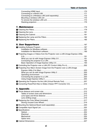 Page 13xi
Connecting	HDMI	Input........................................................................\
.................170
Connecting	to	a	Wired	 LAN ........................................................................\
..........171
Connecting	to	a	Wireless 	 LAN 	 (sold 	 separately)...................................................172
Mounting	a	wireless	LAN	unit ........................................................................\
.......172
To	remove	the	wireless	LAN...