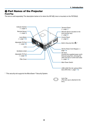 Page 184
❸ Part Names of the Projector
Front/Top
The	lens	is	sold	separately.	The	 description 	 below 	 is 	 for 	 when 	 the 	 NP18ZL 	 lens 	 is 	 mounted 	 on 	 the 	 PX750U2.
Control Panel
(→ page 6)
Lens
Ventilation (inlet)
Filter Cover Remote Sensor (located on the 
front and the rear)
(→ page 9)
Remote Sensor
(→ page 9) Terminal Panel
(→ page 7)
Indicator	Section(→ page 6)
Lens Button
(→ page 163)
AC	InputConnect the supplied power cord's 
three-pin plug here, and plug the 
other end into an active...