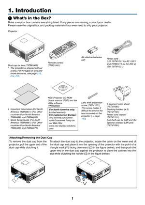 Page 151
1. Introduction
❶ What’s in the Box?
Make	sure	your	box	contains	everything	listed.	If 	 any 	 pieces 	 are 	 missing, 	 contact 	 your 	 dealer.
Please	save	the	original	box	and	packing	materials	if	you	ever	need	to	ship	your	projector.
Projector
Dust cap for lens (79TM1061)* The projector is shipped without a lens. For the types of lens and 
throw distances, see page 213, 
214, 215.
Remote control(7N901041)
AA alkaline batteries (x2)Power cord(US: 79TM1001 for AC 120 V and 79TM1011 for AC 200 V)(EU:...