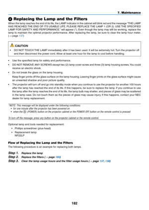 Page 196182
❹ Replacing the Lamp and the Filters
When	the	lamp 	reaches 	the 	end 	of 	its 	lif e, 	the 	LAMP 	indicator 	in 	the 	cabinet 	will 	b link 	red 	and 	the 	message 	“THE 	LAMP 	
HAS	REACHED	THE 	END 	OF 	ITS 	USABLE 	LIFE.	PLEASE 	REPLA CE 	THE 	LAMP 	1 	(OR 	2).	USE 	THE 	SPECIFIED 	
LAMP	FOR	SAFETY 	AND 	PERFORMANCE. ”	will 	appear 	(*).	Ev en 	though 	the 	lamp 	ma y 	still 	be 	w orking, 	replace 	the 	
lamp	to	maintain 	the 	optimal 	projector 	perf ormance.	After 	replacing 	the 	lamp , 	be...