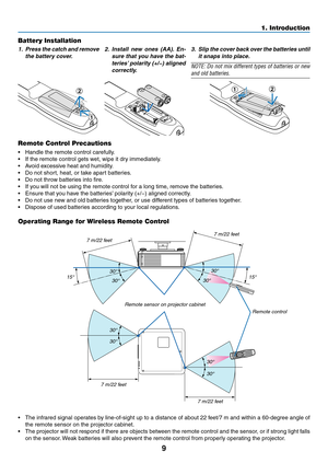 Page 239
Battery Installation
1. Press the catch and remove 
the battery cover.
2. Install new ones (AA). En-
sure that you have the bat -
teries’ polarity (+/−) aligned 
correctly.3. Slip the cover back over the batteries until 
it snaps into place.
NOTE: Do not mix different types of batteries or new 
and old batteries.
1
212
Remote Control Precautions
•	 Handle	the	remote	control	carefully.
•	 If	the	remote	control	gets	wet,	wipe	it	dry	immediately.
•	 Avoid	excessive	heat	and	humidity.
•	 Do	not	short,...