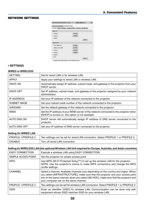 Page 7359
NETWORK SETTINGS
•	SETTINGS
WIRED  or WIRELESS
SETTINGSet	for	wired	LAN	or	for	wireless	LAN.
APPLYApply	your	settings	to	wired	LAN	or	wireless	LAN.
DHCP	ONAutomatically	assign	IP 	address , 	subnet 	mask, 	and 	gate way 	to 	the 	projector 	from 	y our 	
DHCP	server.
DHCP	OFFSet	IP	address , 	subnet 	mask, 	and 	gate way 	to 	the 	projector 	assigned 	b y 	y our 	netw ork 	
administrator.
IP	ADDRESSSet	your	IP	address	of	the	network	connected	to	the	projector.
SUBNET	MASKSet	your	subnet	mask	number	of...