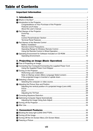 Page 10viii
Table of Contents
Important Information ........................................................................\
....................i
1. Introduction ........................................................................\
...................................1
❶
	What’s 	 in 	 the 	 Box? ........................................................................\
..................................1
❷
	Introduction	to	the	Projector...