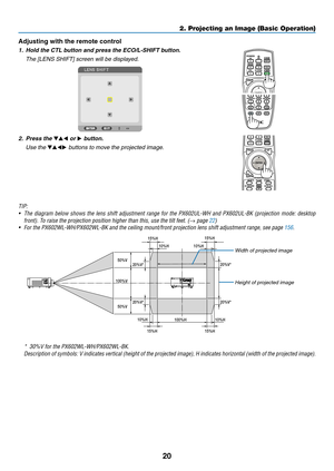 Page 3320
Adjusting with the remote control
1.	 Hold	the	CTL	button	and	press	the	ECO/L-SHIFT	button.
	 The	[LENS	SHIFT]	screen	will	be	displayed.	
2. Press the ▼▲◀ or ▶ button.
	 Use	the	▼▲◀▶	buttons	to	move	the	projected	image.
TIP:	
•	 The	diagram	below 	shows 	the 	lens 	shift 	adjustment 	range 	for 	the 	PX602UL-WH 	and 	PX602UL-BK 	(projection 	mode: 	desktop 	
front).	To	raise	the	projection	position	higher	than	this,	use	the	tilt	feet.	(→ page 22)
•	 For	the	PX602WL-WH/PX602WL-BK	and	the	ceiling...