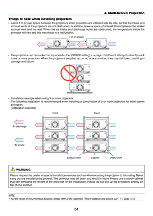 Page 6451
Things to note when installing projectors
•	 Leave	1	m 	or 	o ver 	space 	betw een 	the 	projectors 	when 	projectors 	are 	installed 	side 	b y 	side , 	so 	that 	the 	intak e 	and 	
exhaust	vents	of 	the 	projectors 	are 	not 	obstr ucted.	In 	addition, 	lea ve 	a 	space 	of 	at 	least 	30 	cm 	betw een 	the 	intak e/
exhaust	vent	and 	the 	w all.	When 	the 	air 	intak e 	and 	discharge 	outlet 	are 	obstr ucted, 	the 	temper ature 	inside 	the 	
projector	will	rise	and	this	may	result	in	a...