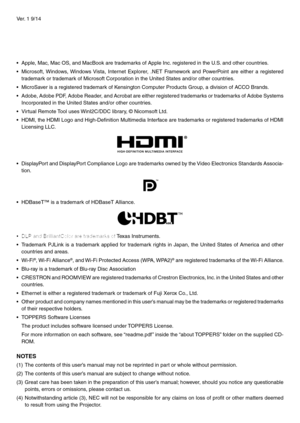 Page 2Ver. 1 9/14
•	 Apple,	Mac,	Mac	OS,	and	MacBook	are	trademarks	of	Apple	Inc.	registered 	 in 	 the 	 U.S.	 and 	 other 	 countries.
•	 Microsoft,	Windows, 	Windo ws 	Vista, 	Inter net 	Explorer , 	.NET 	F ramework 	and 	P owerPoint 	are 	either 	a 	registered 	
trademark	or	trademark	of	Microsoft	Corporation	in	the	United	States	and/or	other	countries.
•	 MicroSaver	is	a	registered	trademark	of	Kensington	Computer	Products	Group,	a	division	of	ACCO	Brands.
•	 Adobe,	Adobe	PDF , 	Adobe 	Reader , 	and...