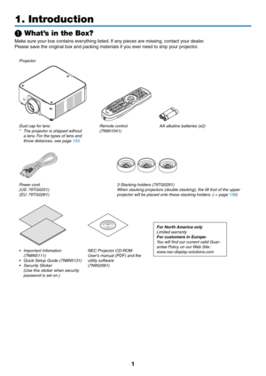 Page 141
1. Introduction
❶ What’s in the Box?
Make	sure	your	box	contains	everything	listed.	If 	 any 	 pieces 	 are 	 missing, 	 contact 	 your 	 dealer.
Please	save	the	original	box	and	packing	materials	if	you	ever	need	to	ship	your	projector.
Projector
Dust	cap	for	lens*	 The	projector	is	shipped	without	a	lens.	For 	 the 	 types 	 of 	 lens 	 and 	throw	distances,	see	page	153.
Remote	control(7N901041)AA	alkaline	batteries	(x2)
Power	cord(US:	79TG0251)(EU:	79TG0261)
3	Stacking	holders	(79TG0291)When...