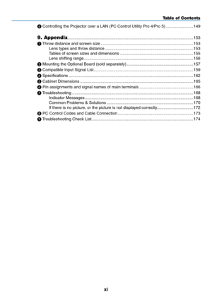 Page 13xi
❹	Controlling	the	Projector	over	a	LAN	(PC	Control	Utility	Pro	4/Pro	5) ........................149
9. Appendix ........................................................................\
......................................153
❶
	Throw 	 distance 	 and 	 screen 	 size ........................................................................\
.........153
Lens	types	and	throw	distance ........................................................................\
.....153
Tables	of	screen	sizes	and...