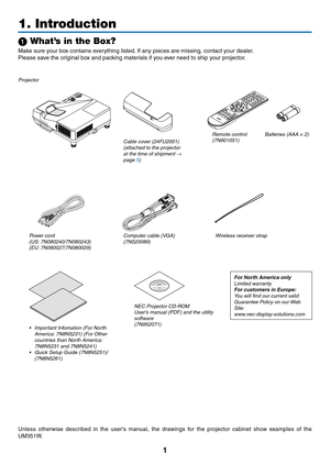 Page 121
Projector
Cable cover (24FU2001) 
(attached to the projector 
at the time of shipment → 
page 5)
1. Introduction
1 What’s in the Box?
Make	sure	your	box	contains	everything	listed.	If	any	pieces	are	missing,	contact	your	dealer.
Please	save	the	original	box	and	packing	materials	if	you	ever	need	to	ship	your	projector.
Power cord(US: 7N080240/7N080243)
(EU: 7N080027/7N080029)Computer cable (VGA)
(7N520089)
Wireless receiver strap
NEC Projector CD-ROMUser’s manual (PDF) and the utility 
software...