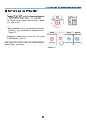 Page 2514
2. Projecting an Image (Basic Operation)
 Turning on the Projector
•	 Press	the		(POWER) button on the projector cabinet 
or the POWER ON button on the remote control. 
	 The	 POWER	 indicator	 will	blink	 and	the	projector	 will	be-
come ready to use.
TIP:	
•	 When 	the 	message	 “Projector 	is 	locked!	 Enter	your	password.”	
is 	displayed, 	it 	means 	that 	the 	[SECURITY] 	feature 	is 	turned 	on.	
(→	page	33)
  After you turn on your projector, ensure that the computer 
or video source is turned...