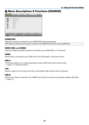 Page 8877
5. Using On-Screen Menu
 Menu Descriptions & Functions [SOURCE]
COMPUTER
Selects	the	computer	connected	to	your	COMPUTER	input	terminal	signal.
NOTE:	When	the	component	input	signal	is	connected	to	the	COMPUTER	IN	terminal,	select	[COMPUTER].	
HDMI1/MHL and HDMI2
Selects	the	HDMI	compatible	equipment	connected	to	your	HDMI1/MHL	or	2	IN	terminal.
VIDEO
Selects	what	is	connected	to	your	
VIDEO	input-VCR,	DVD	player	or	document	camera.
USB-A
This	feature	enables	you	to	make	presentations	using	a	USB...